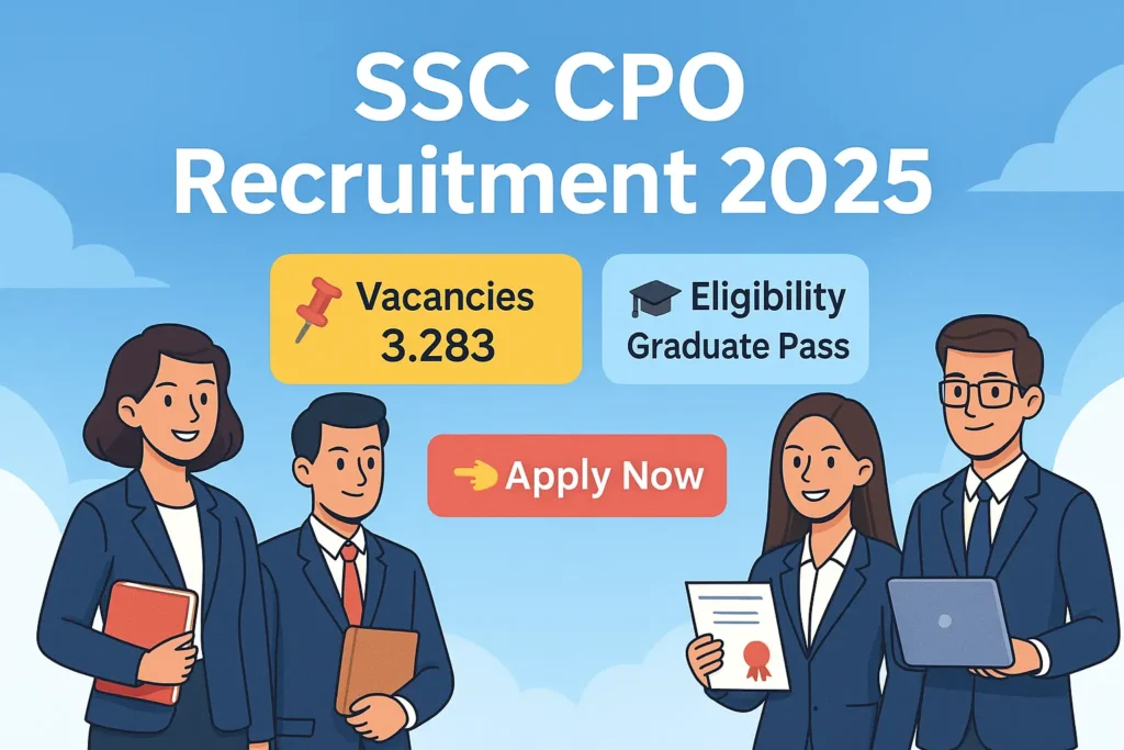 Cartoon-style banner for SSC CPO Recruitment 2025 showing 3,283 vacancies and graduate eligibility with apply now button.