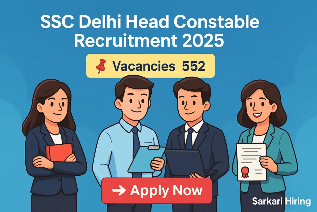 : Cartoon-style banner for SSC Delhi Head Constable Recruitment 2025 showing 552 vacancies and Apply Now button.