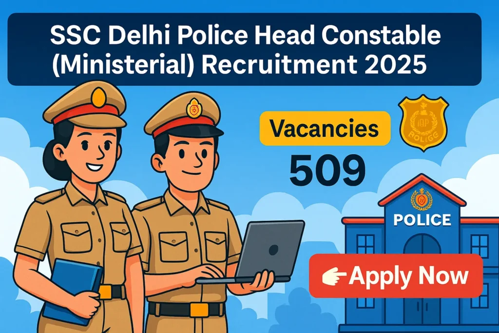 Cartoon-style banner for SSC Delhi Police Head Constable (Ministerial) Recruitment 2025 with aspirants in uniform, vacancy details, and Apply Now button.
