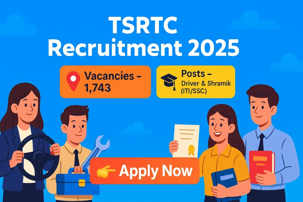 TSRTC Recruitment 2025 banner showing vacancies 1,743 and Driver & Shramik posts with apply now button.