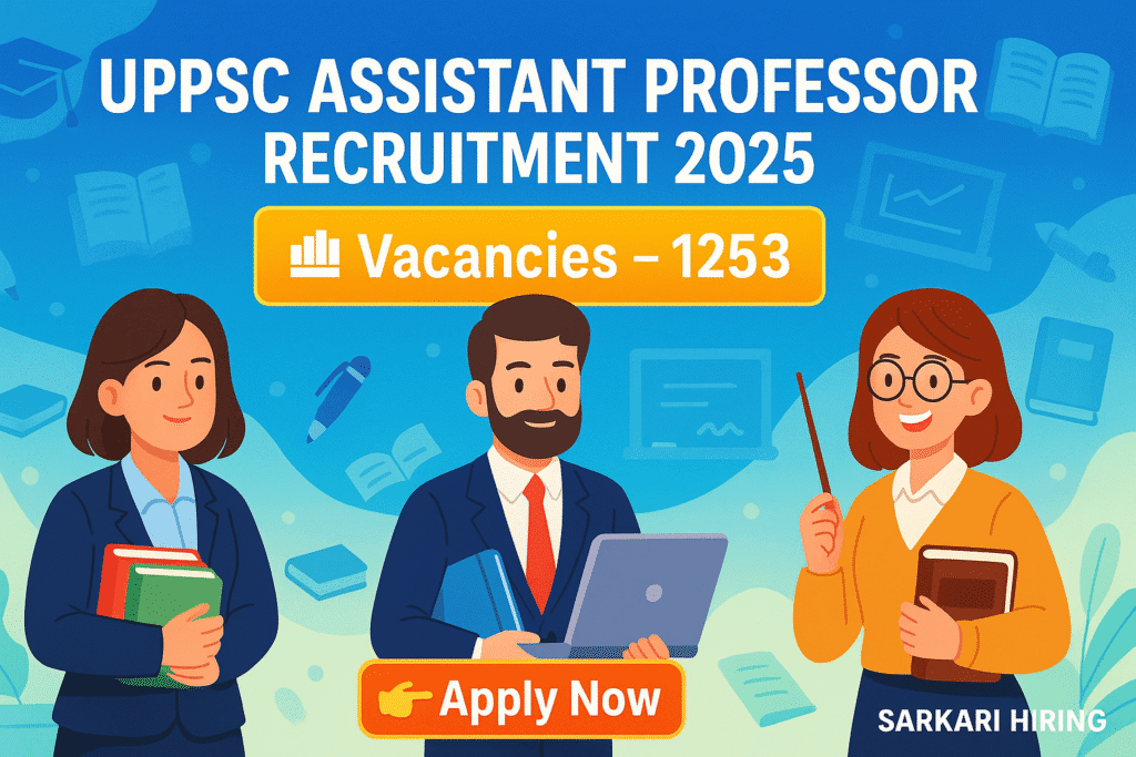 Cartoon banner for UPPSC Assistant Professor Recruitment 2025 with vacancies and apply now button.