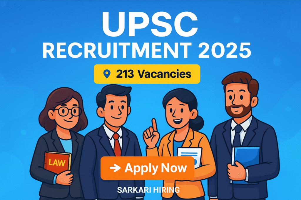 Cartoon-style banner for UPSC Recruitment 2025 highlighting 213 vacancies with Apply Now button and Sarkari Hiring branding.