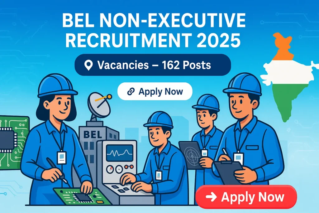 BEL Non-Executive Recruitment 2025 banner featuring cartoon engineers and technicians working at BEL factory with Apply Now button.