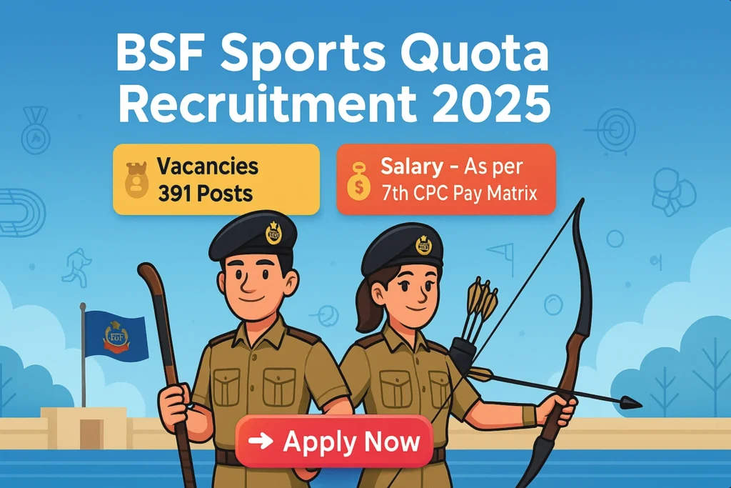 BSF Sports Quota Recruitment 2025 banner showing BSF constables in uniform with sports gear and Apply Now button