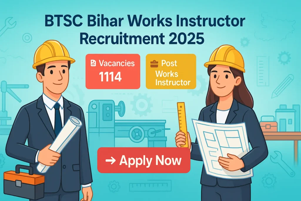 BTSC Bihar Works Instructor Recruitment 2025 banner showing male and female technical aspirants with engineering tools and Apply Now button