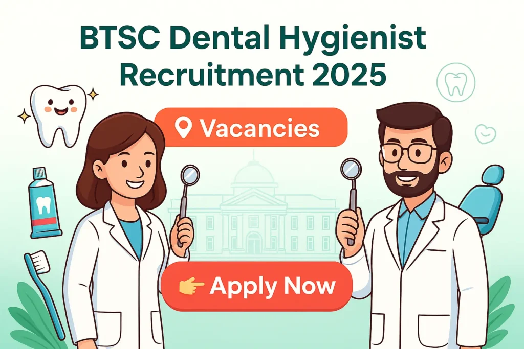 BTSC Dental Hygienist Recruitment 2025 cartoon banner with male and female dental hygienists, dental tools, and apply now button.