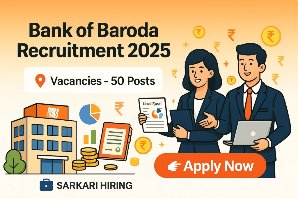 Cartoon-style HD banner for Bank of Baroda Recruitment 2025 showing two bankers, bank building, and Apply Now button for 50 Manager vacancies.