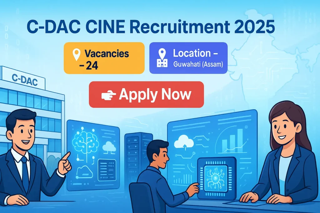 C-DAC CINE Recruitment 2025 banner showing cartoon engineers working on AI, VLSI, and Quantum Computing with Apply Now button and 24 vacancies