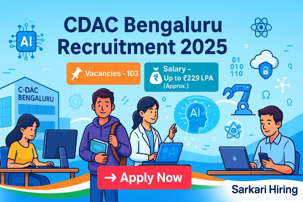 Bright cartoon-style banner for CDAC Bengaluru Recruitment 2025 showing engineers, AI icons, and “Apply Now” button with 103 vacancies and ₹22.9 LPA salary.