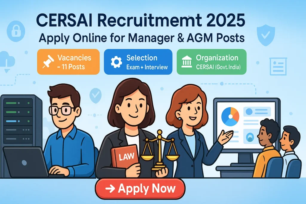 Cartoon-style banner showing professionals for CERSAI Recruitment 2025 with IT engineer, legal officer, and HR manager characters, “Apply Now” button, and blue background.