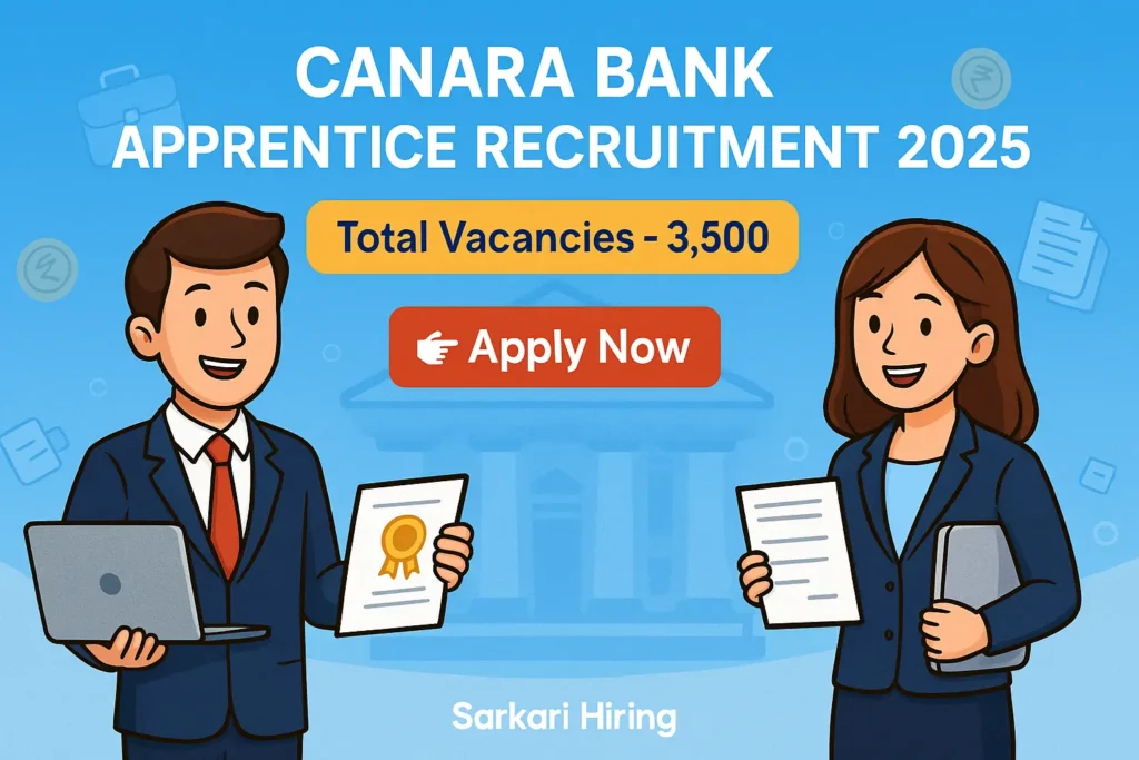 Canara Bank Apprentice Recruitment 2025 banner showing 3,500 vacancies with Apply Now button in cartoon style
