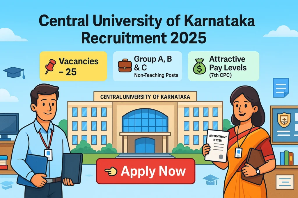 Central University of Karnataka Recruitment 2025 banner showing 25 Non-Teaching Vacancies with Apply Now button and university campus illustration.