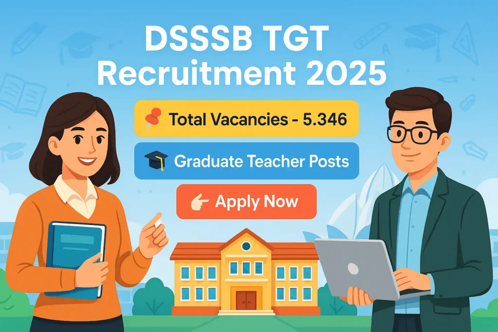 Cartoon-style banner showing DSSSB TGT Recruitment 2025 with two teachers, total 5,346 vacancies, graduate teacher posts, and an apply now button.