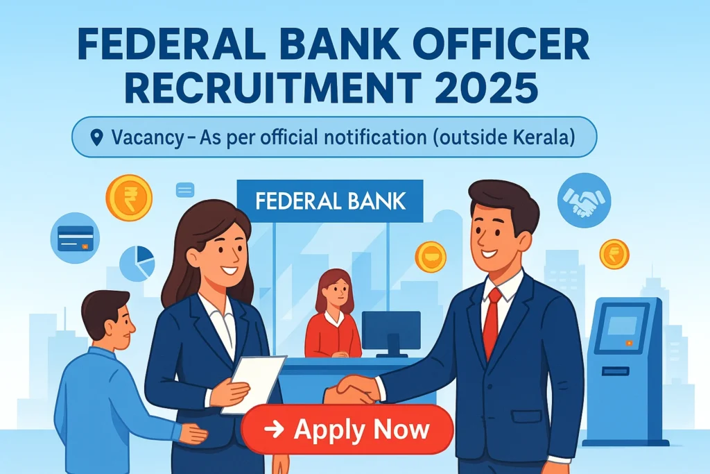 Federal Bank Officer Recruitment 2025 banner showing cartoon-style bank officers interacting with customers inside a modern Federal Bank branch.