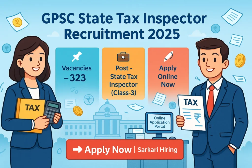 HD cartoon-style banner showing GPSC State Tax Inspector Recruitment 2025 with 323 vacancies, aspirants holding tax files, and “Apply Now | Sarkari Hiring” button.