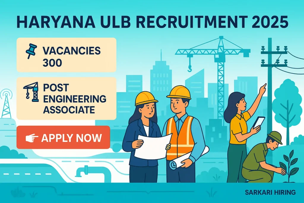 Haryana ULB Recruitment banner showing cartoon engineers and horticulture officer with Apply Now button and 300 vacancies