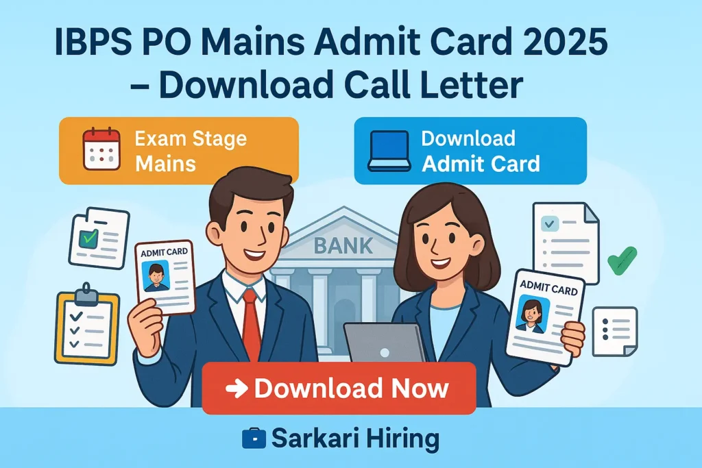 IBPS PO Mains Admit Card 2025 – Download Call Letter with cartoon aspirants, exam stage details, and Sarkari Hiring branding