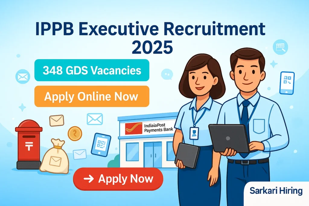 Cartoon-style HD banner showing IPPB Executive Recruitment 2025 with 348 GDS Vacancies, Apply Online Now button, and India Post Payments Bank characters in formal attire.