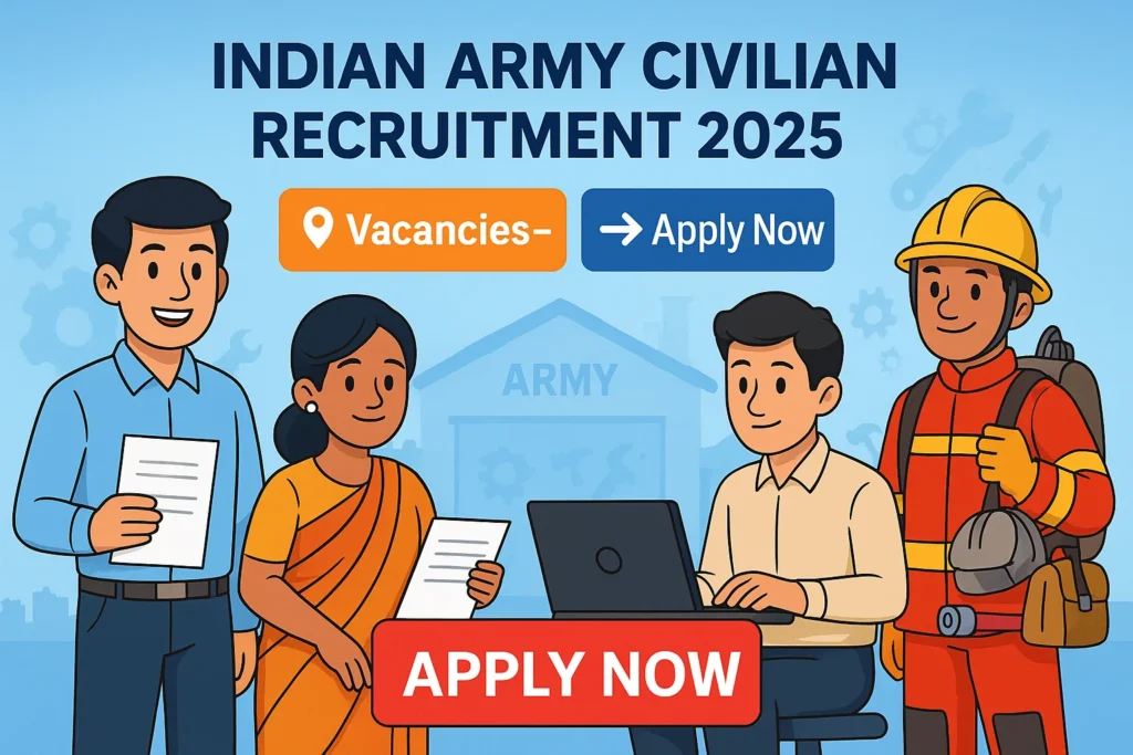 Indian Army Civilian Recruitment 2025 banner with cartoon aspirants, Apply Now button, and vacancy details