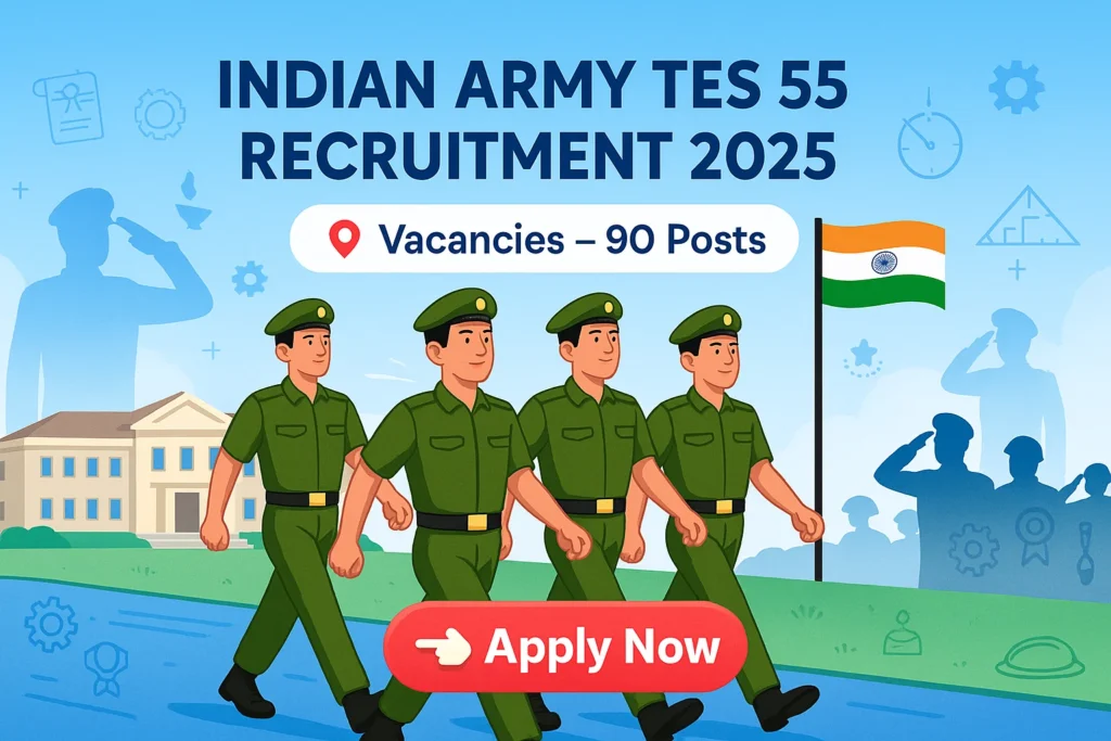 Indian Army TES 55 Recruitment 2025 banner showing cartoon-style army cadets marching proudly with the Indian flag and Apply Now button.