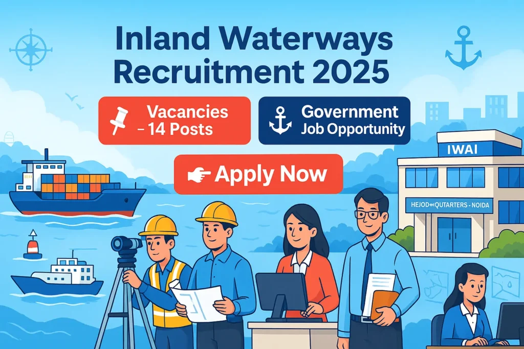 Cartoon-style banner showing Inland Waterways Recruitment 2025 with 14 vacancies, apply now button, cargo ships, IWAI Headquarters Noida, and professional aspirants.