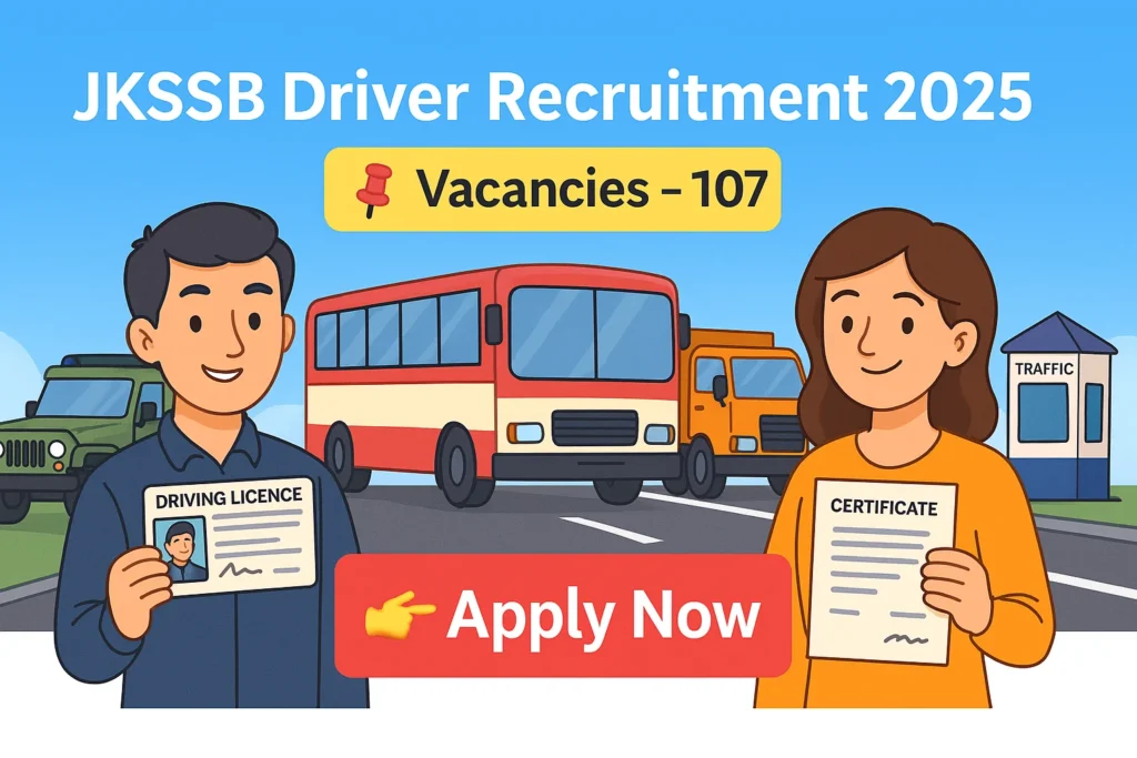 Cartoon-style banner for JKSSB Driver Recruitment 2025 showing 107 vacancies and apply now button with aspirants and vehicles.
