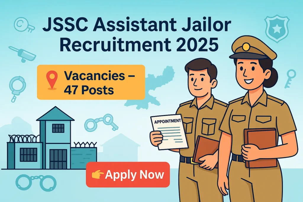 JSSC Assistant Jailor Recruitment 2025 banner showing cartoon jail officers, Jharkhand map, and Apply Now button