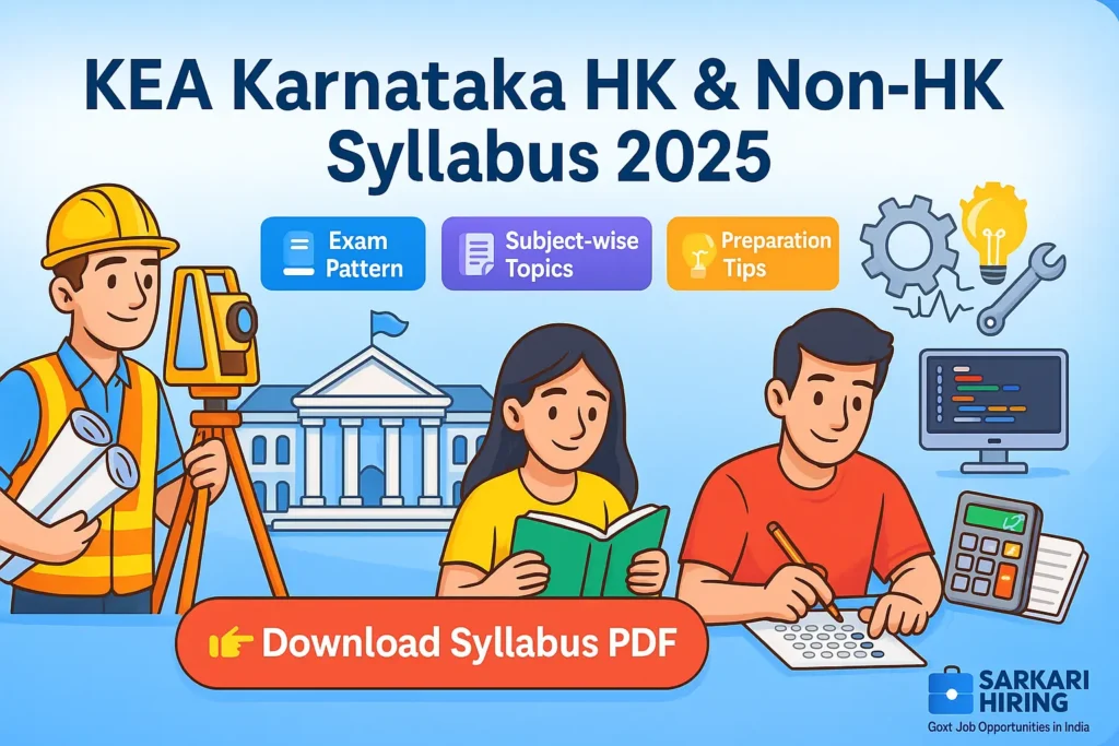 KEA Karnataka HK and Non-HK Syllabus 2025 banner showing cartoon aspirants, syllabus icons, and Karnataka government theme