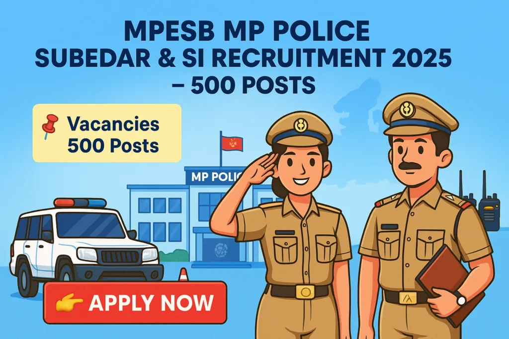MPESB MP Police 2025 Subedar & SI Recruitment banner showing cartoon police officers, jeep, and apply now button.