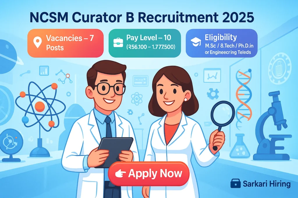 NCSM Curator B Recruitment 2025 β Cartoon-style illustration showing museum curators with science exhibits, highlighting vacancies, pay level, and eligibility details.