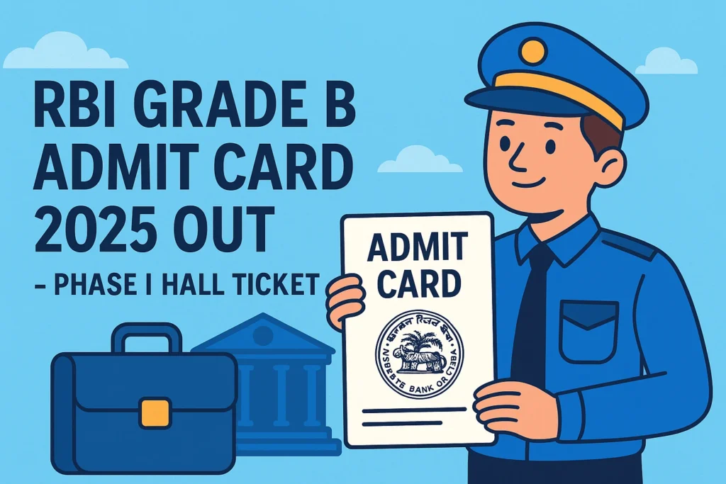 RBI Grade B Admit Card 2025 cartoon-style banner showing RBI officer holding hall ticket