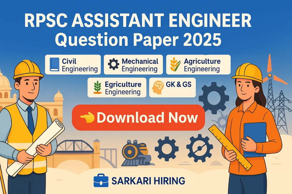 RPSC Assistant Engineer Question Paper 2025 banner featuring cartoon engineers, Rajasthan government building, and download button