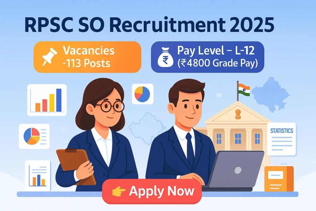 RPSC SO Recruitment 2025 – Cartoon-style Statistical Officer banner showing male and female officers analyzing data charts for RPSC SO Recruitment