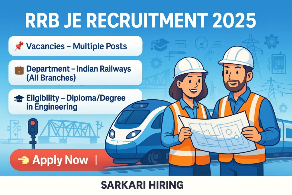 RRB JE Syllabus 2025 banner showing cartoon-style junior engineers and railway design