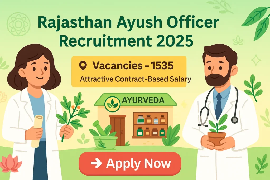Rajasthan Ayush Officer Recruitment 2025 banner showing cartoon Ayush doctors, herbal plants, and Ayurveda clinic.