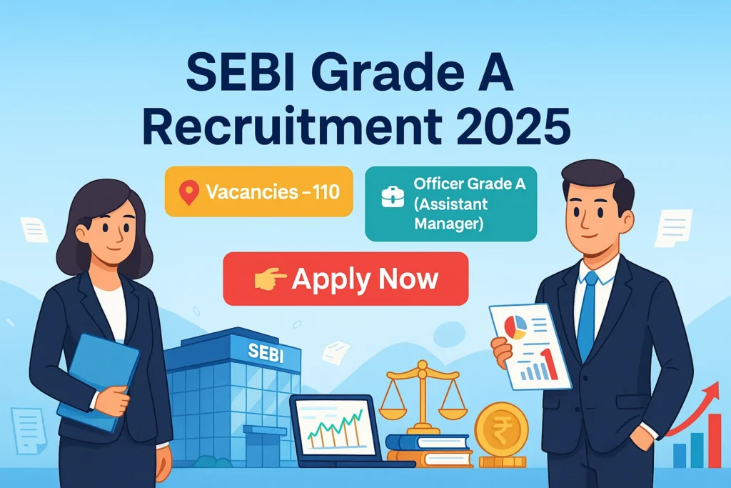 Cartoon-style banner showing SEBI Grade A Recruitment 2025 with 110 vacancies and Apply Now button, featuring officers and SEBI building.