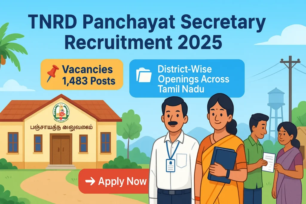 TNRD Panchayat Secretary Recruitment 2025 banner showing Tamil Nadu rural office, panchayat staff, and Apply Now button in cartoon-style HD design.