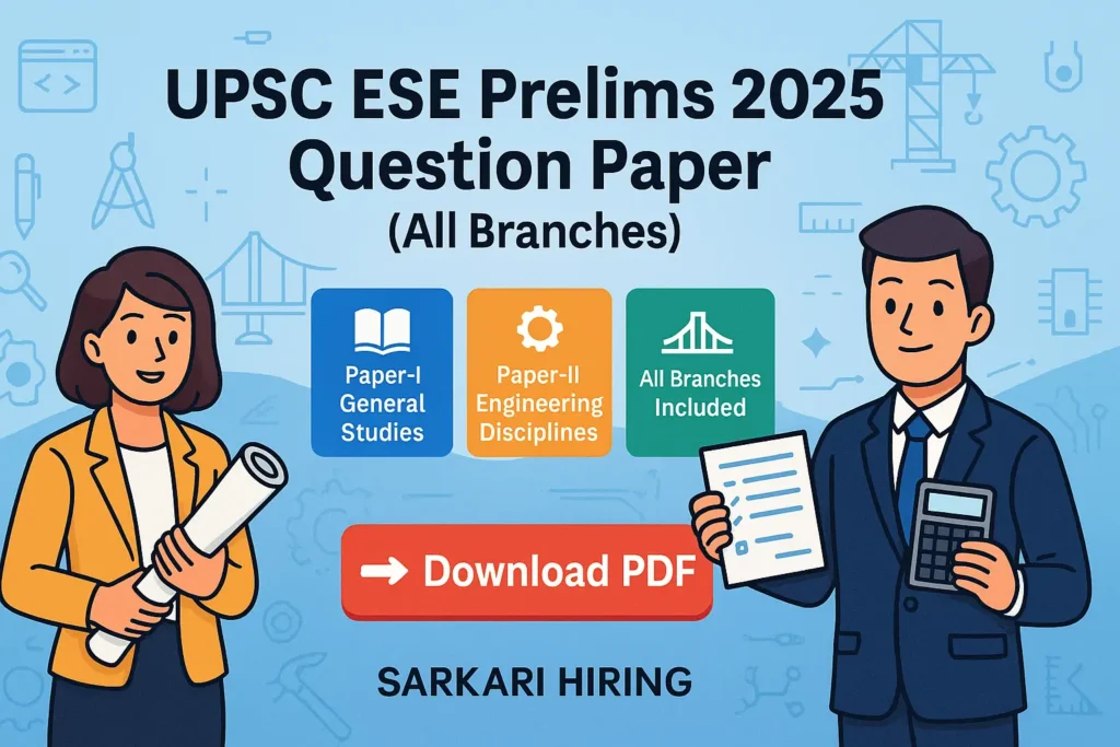 UPSC ESE Prelims 2025 Question Paper banner with cartoon-style aspirants, engineering icons, and download PDF button