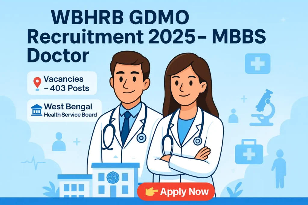 WBHRB GDMO Recruitment 2025 – Cartoon-style MBBS Doctor banner showing 403 vacancies with Apply Now button and West Bengal Health Service theme