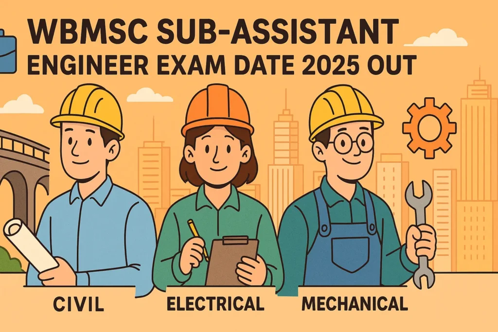 WBMSC Sub-Assistant Engineer Exam Date 2025 banner showing Civil, Electrical, and Mechanical engineers in cartoon style