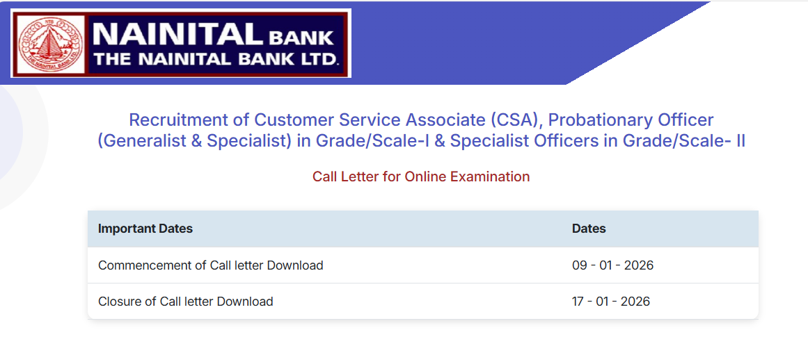 Nainital Bank Recruitment 2025 Admit Card for CSA PO and Specialist Officer Online Exam