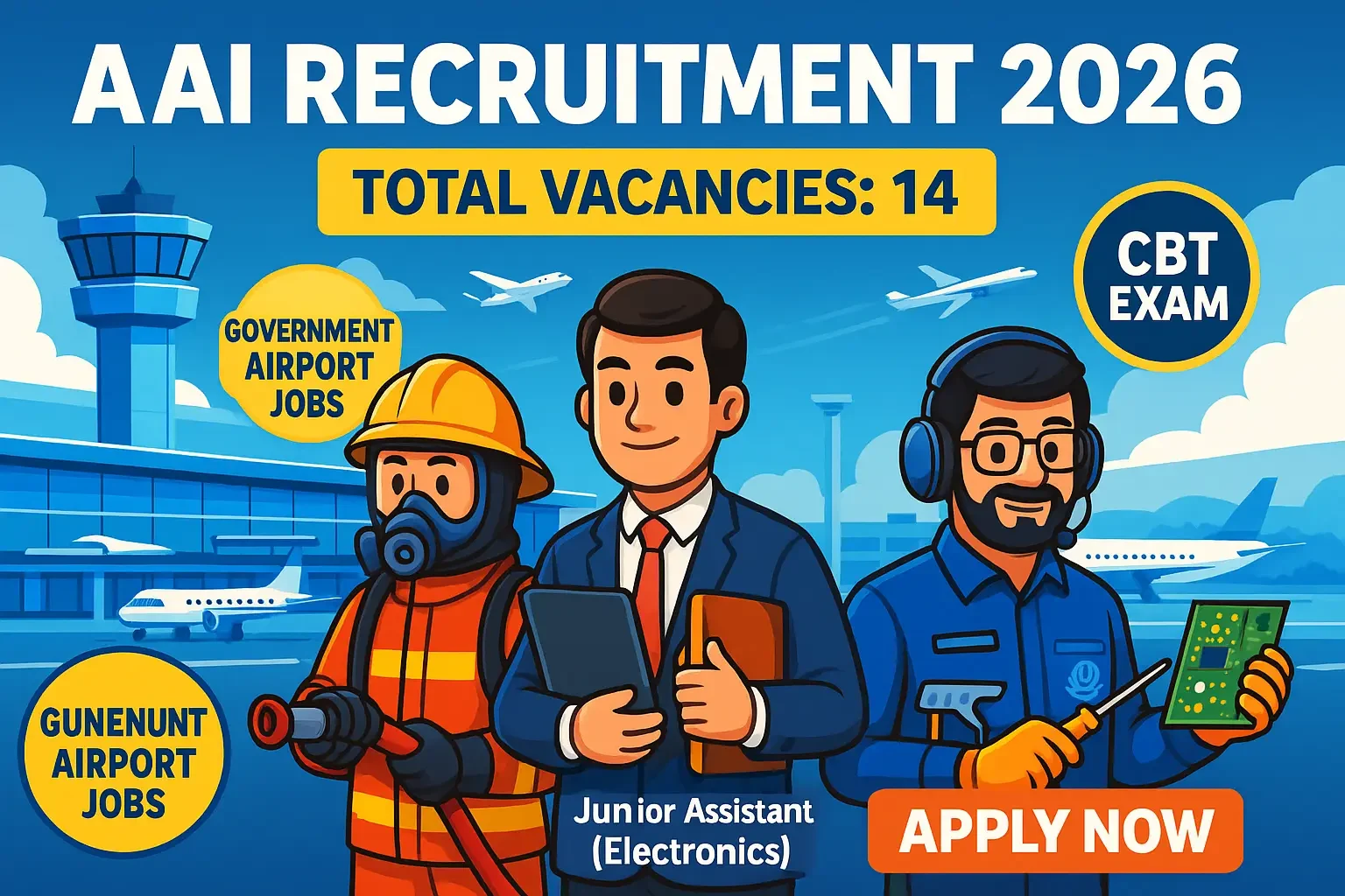 AAI Non-Executive Recruitment 2026 cartoon poster showing airport terminal, firefighter, HR staff and electronics engineer with apply now button