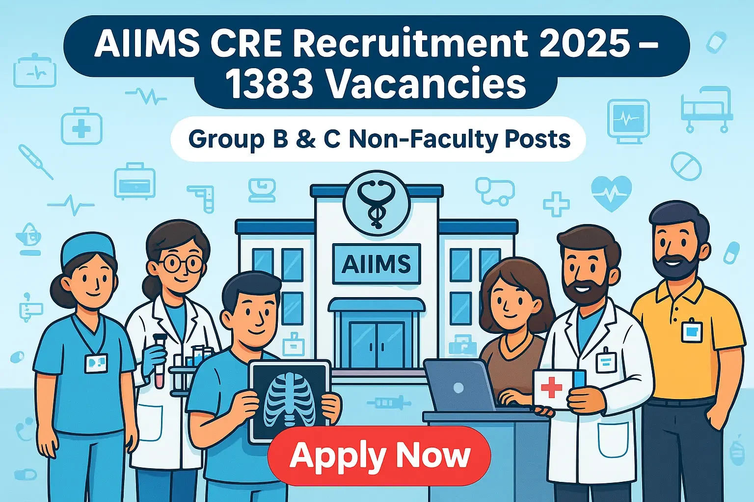 AIIMS CRE Recruitment 2025: 1383 Group B & C Vacancies cartoon banner showing AIIMS hospital building, nurses, technicians, pharmacists