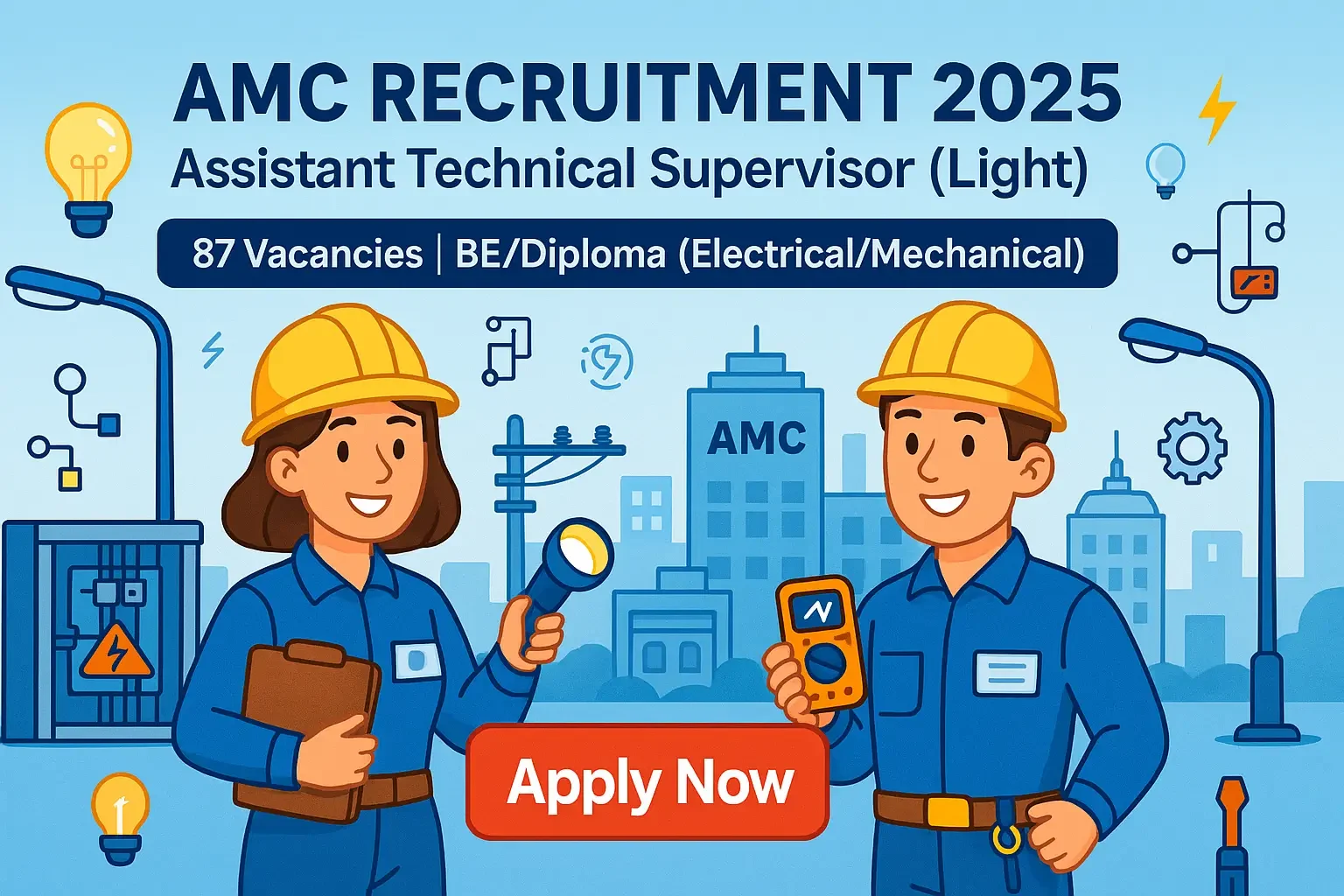 AMC Recruitment 2025 showing two technical supervisors with safety helmets, wiring tools, street light poles, AMC city buildings