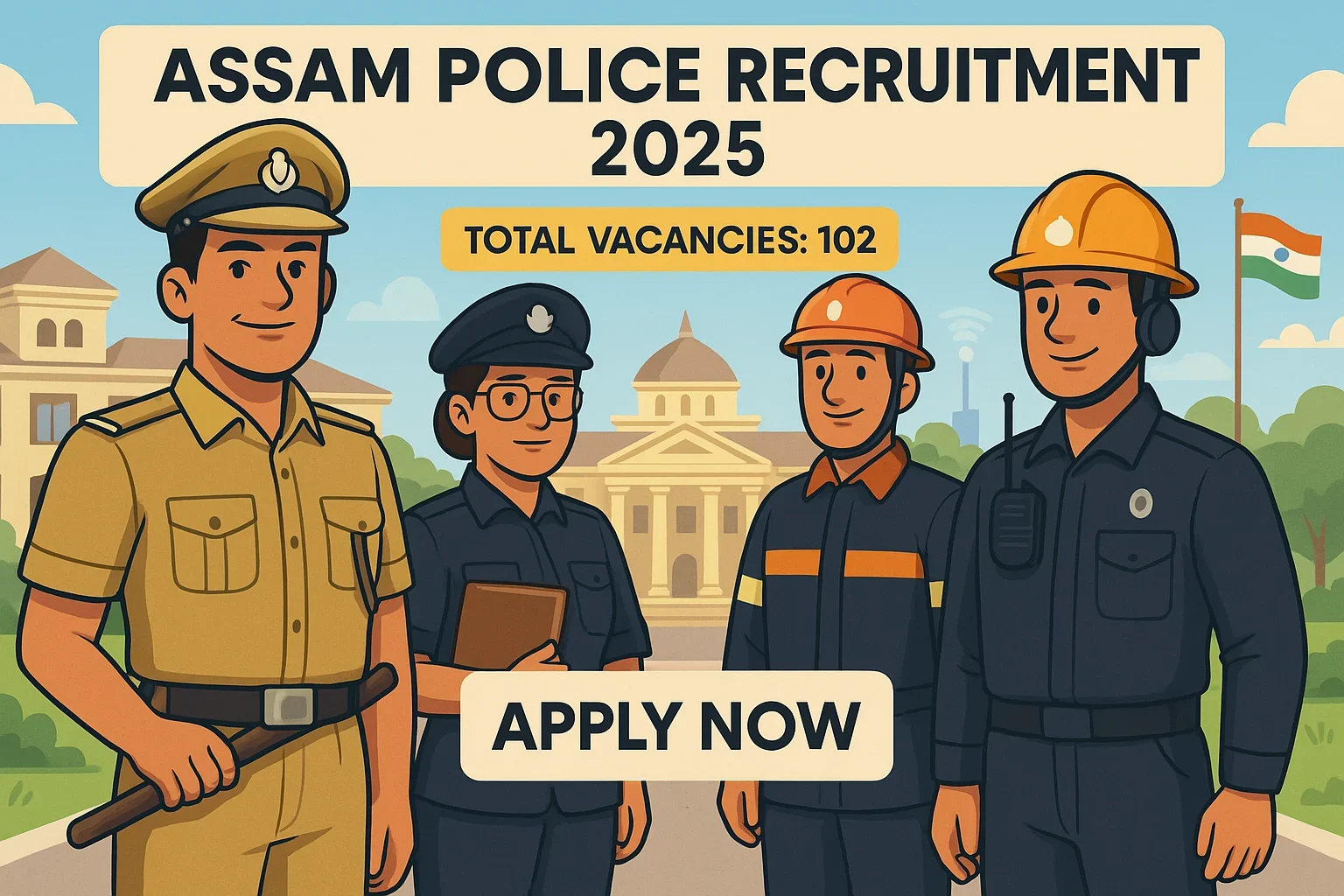 Assam Police Recruitment 2025 cartoon banner showing SI, Assistant Jailor and Fire Services officers