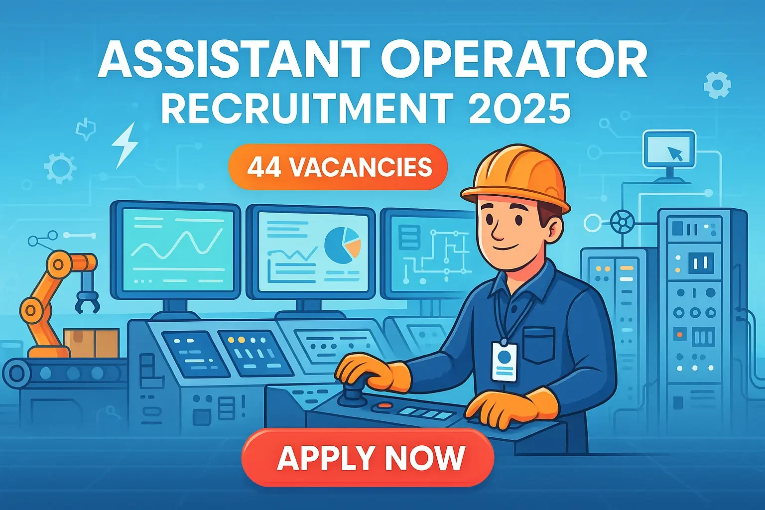 Assistant Operator Recruitment 2025 cartoon-style control room operator illustration with 44 vacancies apply online banner
