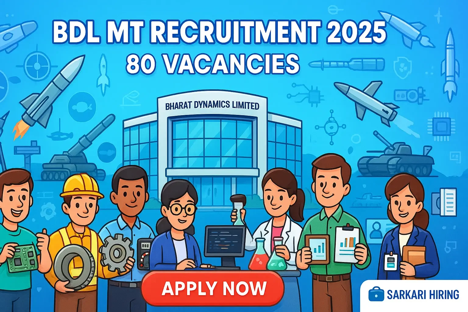 BDL Management Trainee Recruitment 2025 showing BDL building, defence elements, and MT roles with Apply Now button.