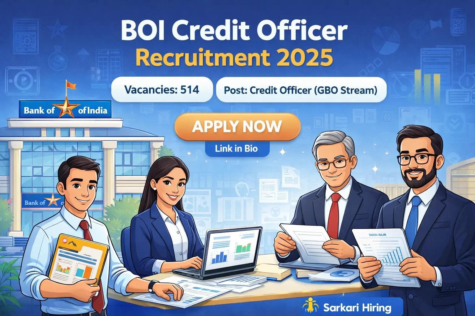 BOI Credit Officer Recruitment 2025 cartoon banner showing Bank of India credit officers analyzing loan and financial documents