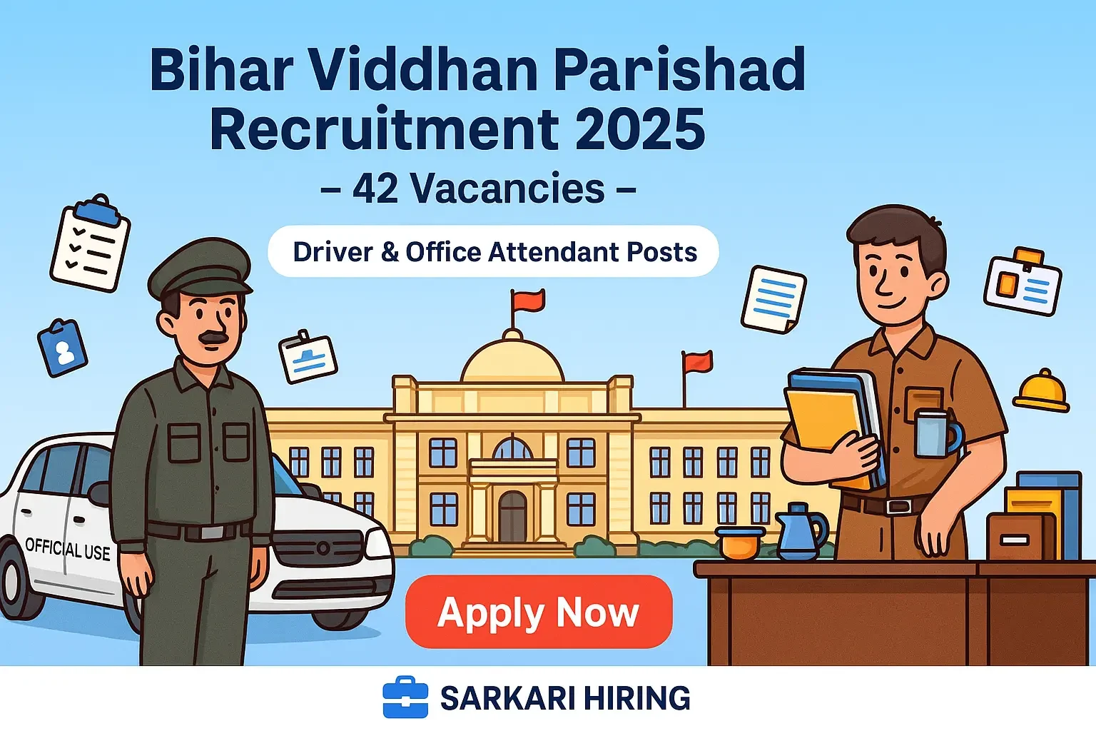 Bihar Vidhan Parishad Recruitment 2025 showing the Vidhan Parishad building, a Driver with an official vehicle, and an Office Attendant with office files, along with an Apply Now button.