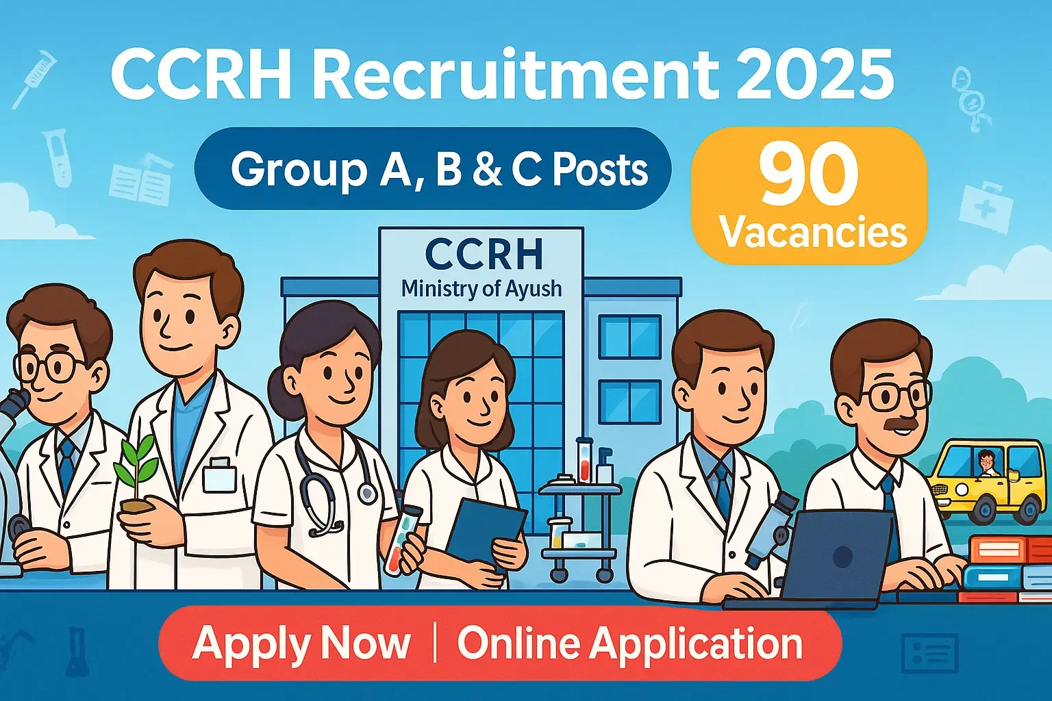 CCRH Recruitment 2025 cartoon banner showing Group A, B and C posts with 90 vacancies, Apply Now button, medical staff and research officers